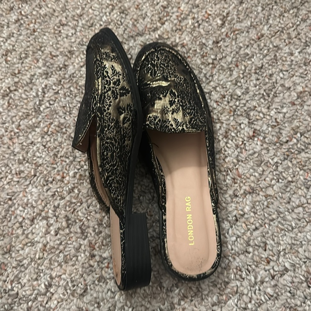 Gold and Black London Fog Mules, Size 7